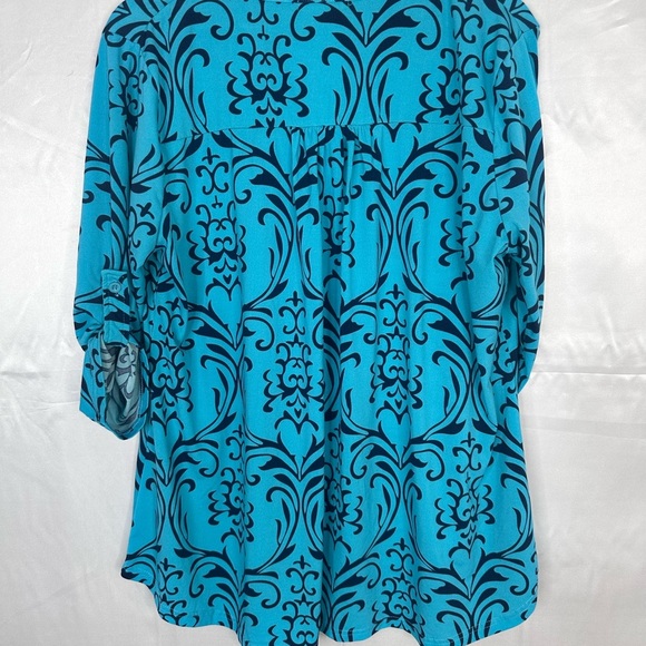 Blue Patterned Women's Top Lagenlook pull tab sleeve Size 2xl - Picture 7 of 11